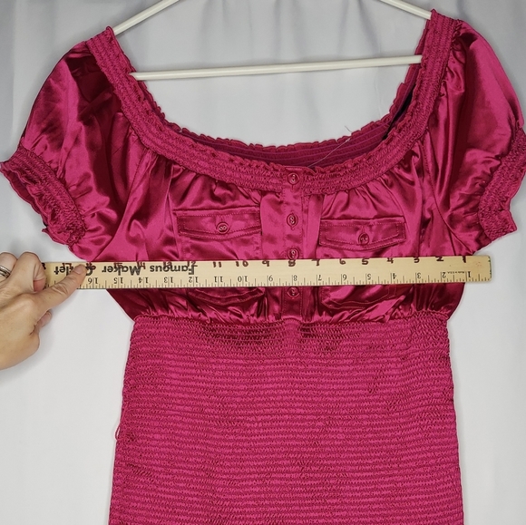 Guess Y2K Vtg Smocked Empire Top Medium Pink Satin Puffed Short Sleeve Button - Picture 4 of 9
